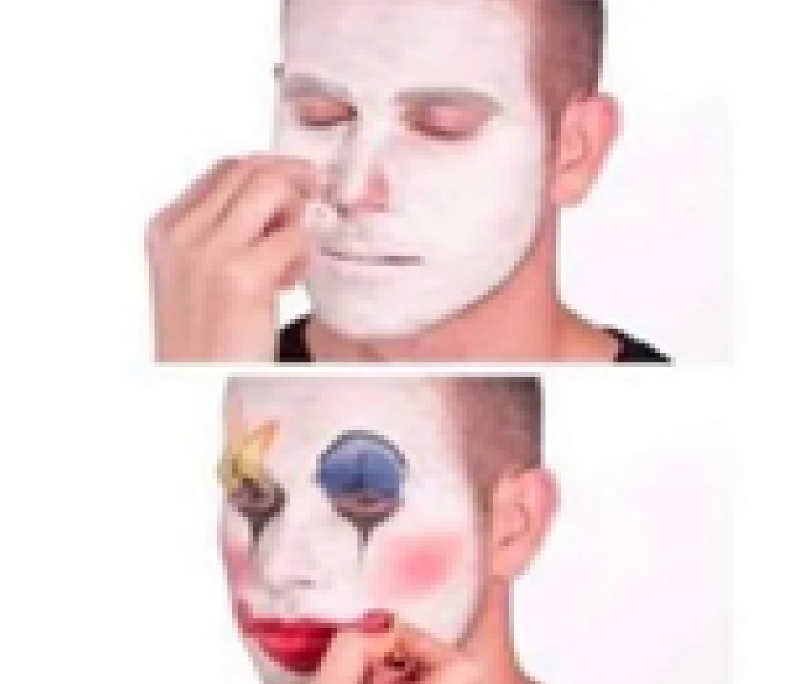 visual snippet of a meme of a man applying clown makeup in stages, starting with a matte white face