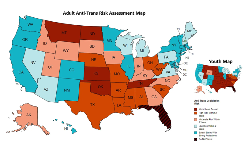 A political map of the United States labeled "Adult Anti-Trans Risk Assessment Map" and an associated "Youth Map" in the corner. Each state has a different color depicting the